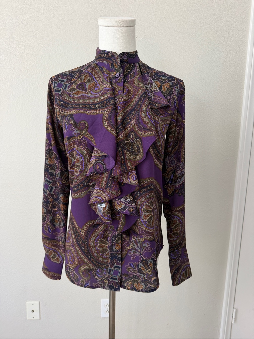 Purple Paisley Ruffle Front Women's Blouse